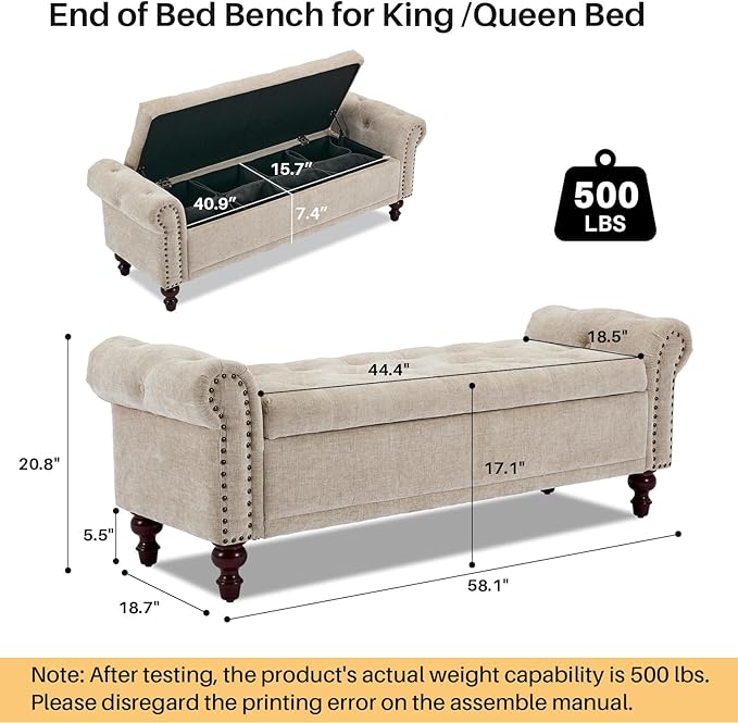 58.1'' Storage Bench Upholstered Chenille End of Bedroom Bed Bench Ottoman with Tufted Cushioned Rolled Arm Large Storage Space for Reading Living Room Entryway, Light Brown