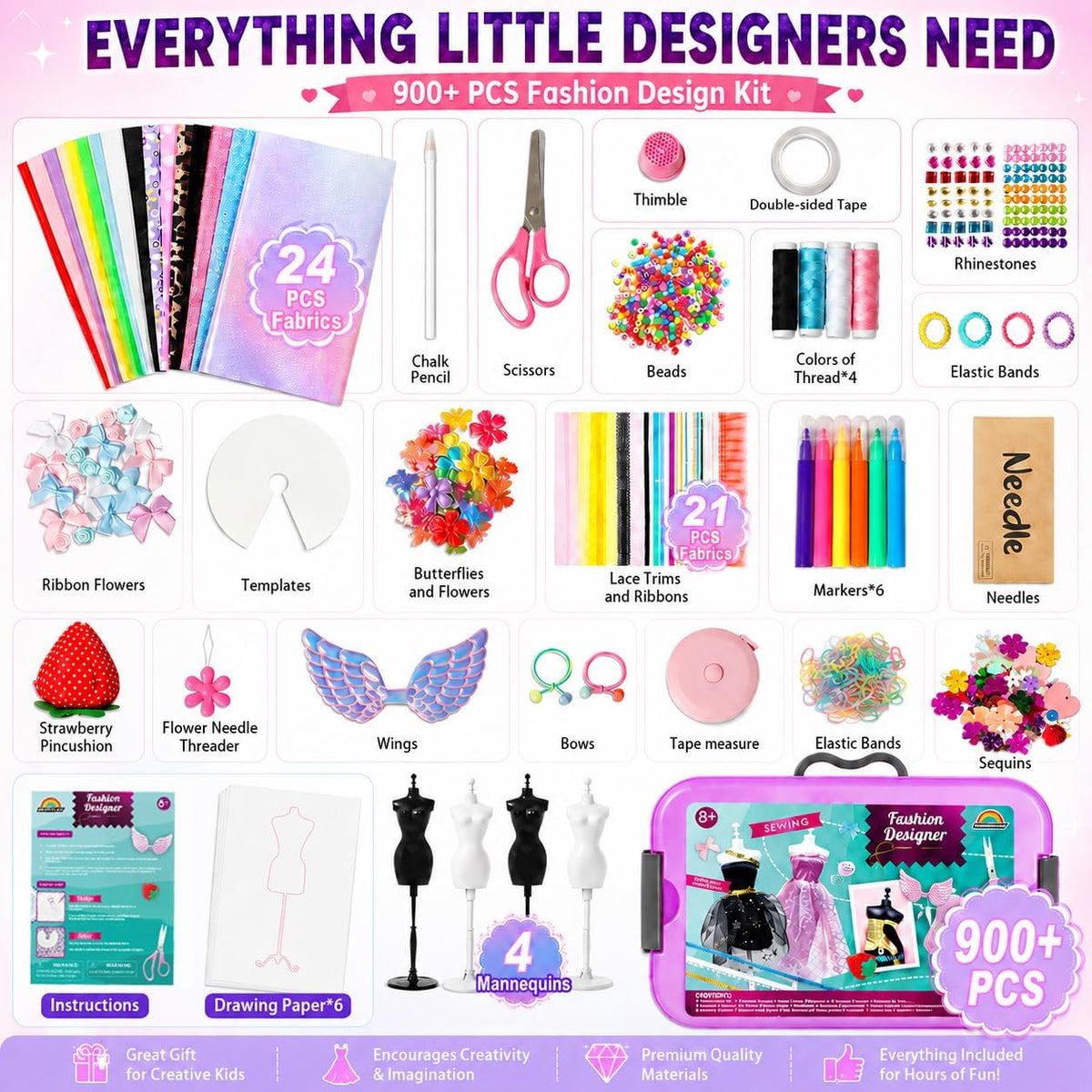 AGENTLAN fashion designer kit for girls with mannequins, fabrics, ribbons and rhinestones - view 5