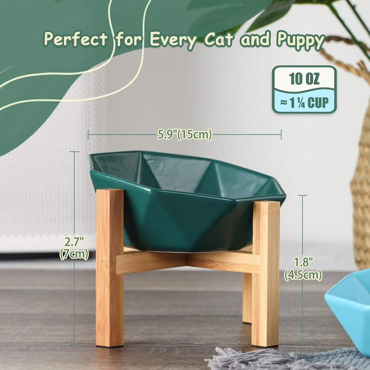 Ceramic Tilted Raised Cat Bowl - Green with stand