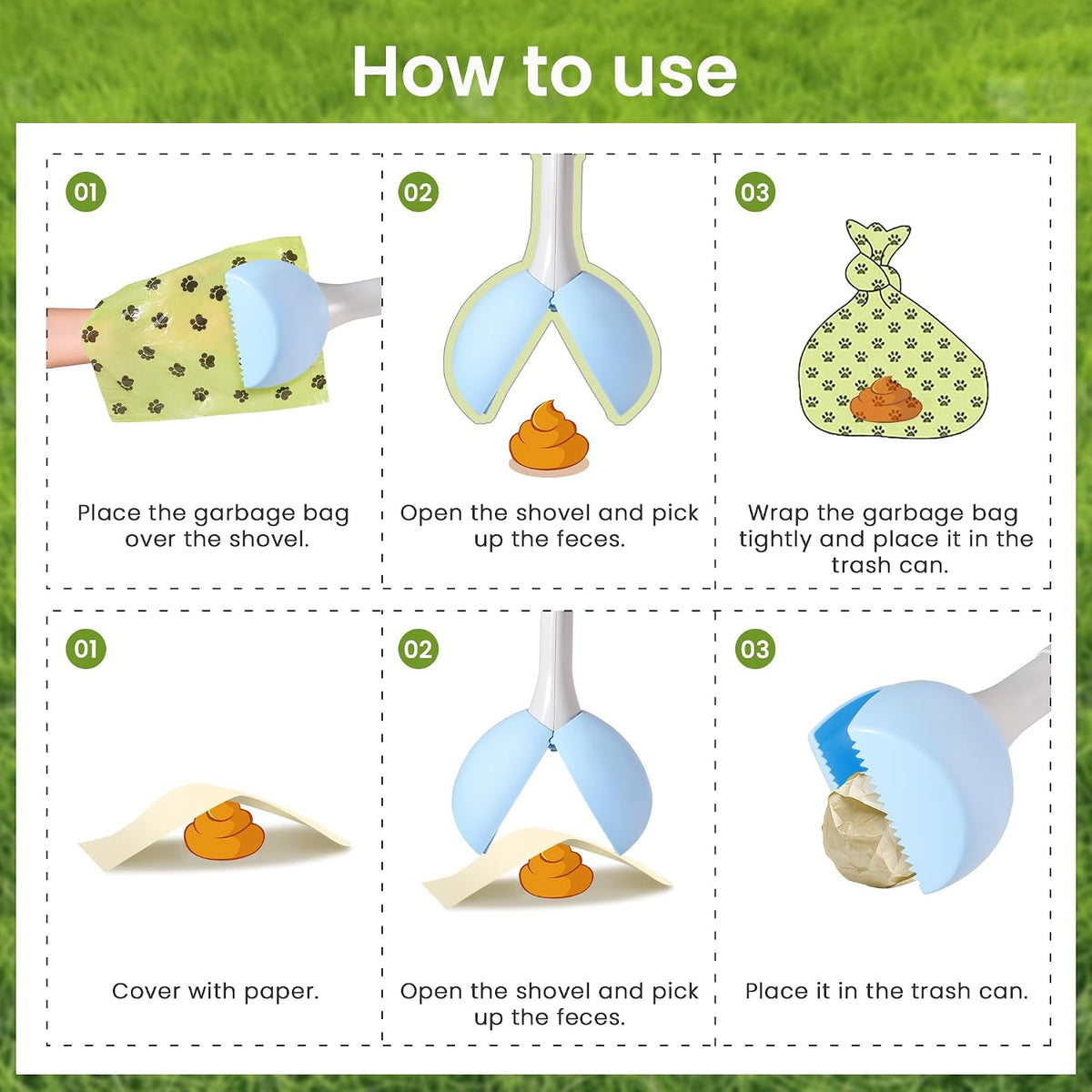Dog Pooper Scooper Portable with Bag Attachment - Blue + 120 garbage bags + dispenser - image 4