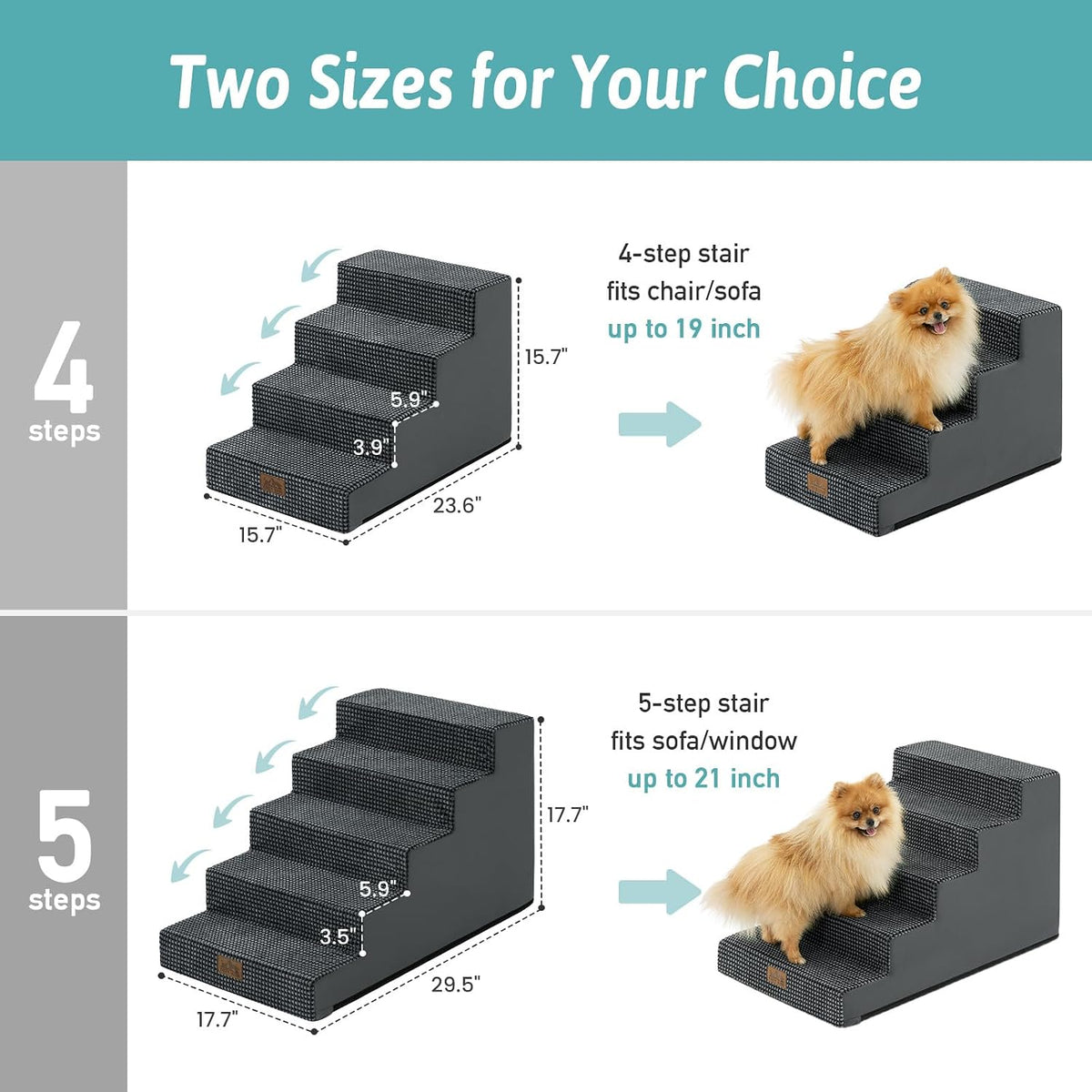 COZY KISS Dog Stairs for Small Dogs - Slope-Charcoal Grey / 5 / 17.7x29.5x17.7 inch - image 3