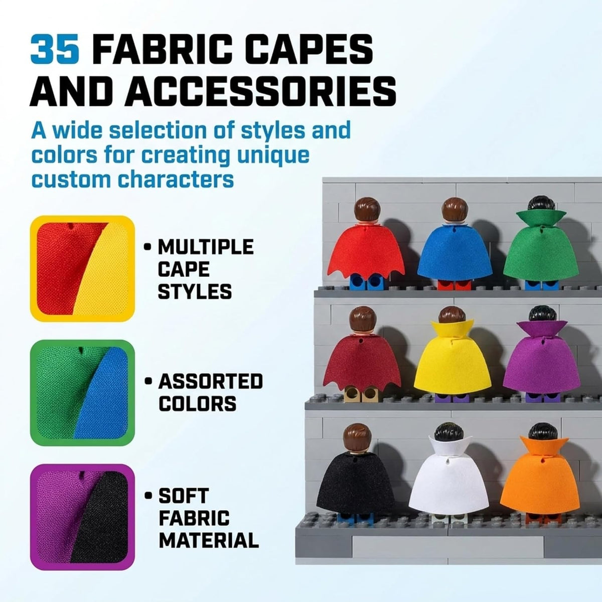 Brick Loot 35 piece fabric superhero capes for minifigures in assorted colors - view 3
