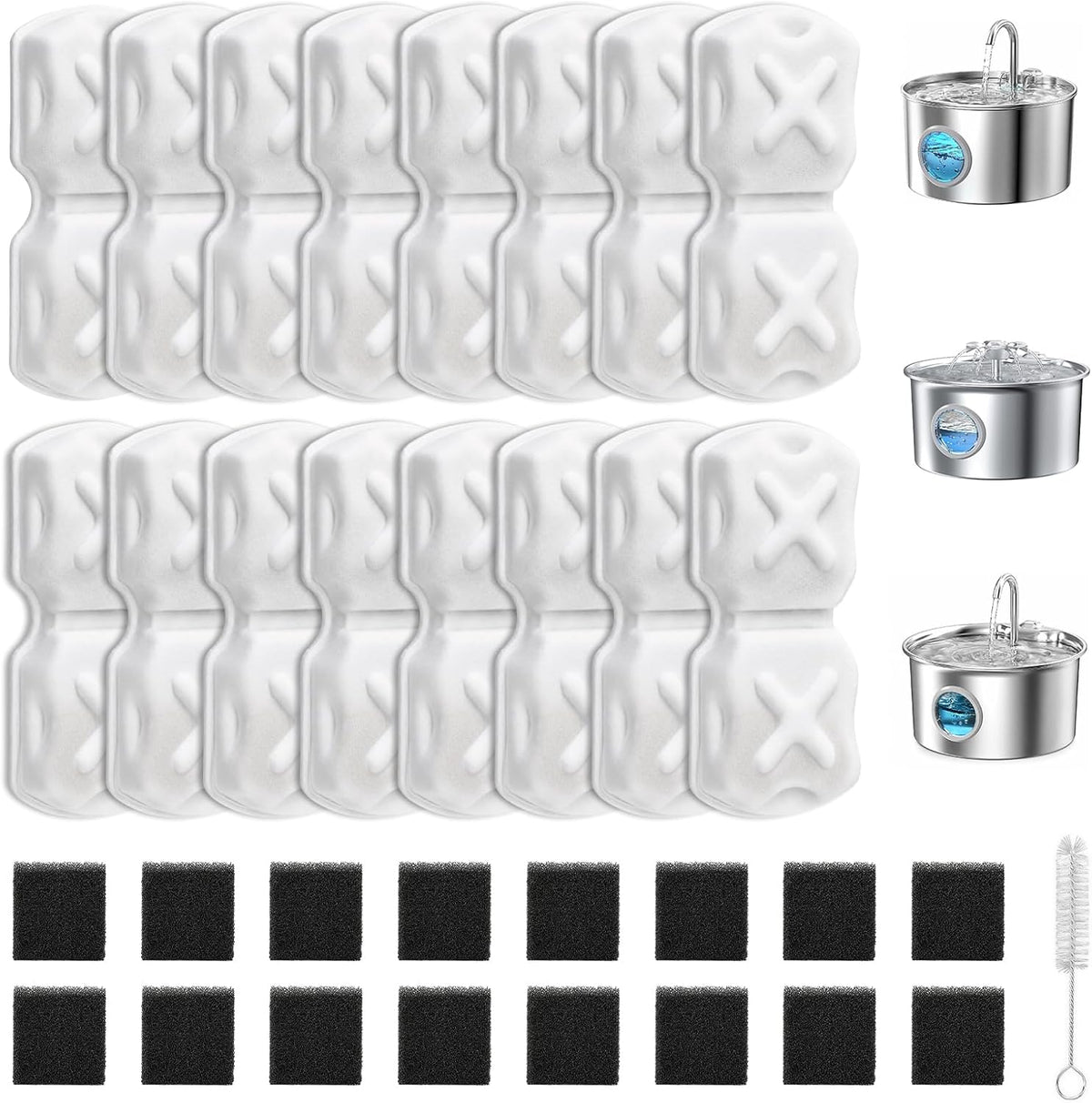 16 Pack Replacement Filters for Cat/Dog Water Fountain - 32 Filter+1 Brush