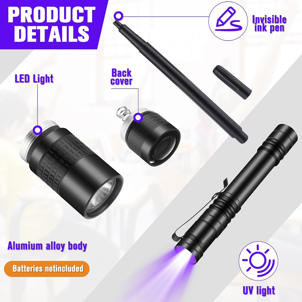 Tegeme 4 invisible ink pens with 4 mini UV marker flashlights in black - view 6