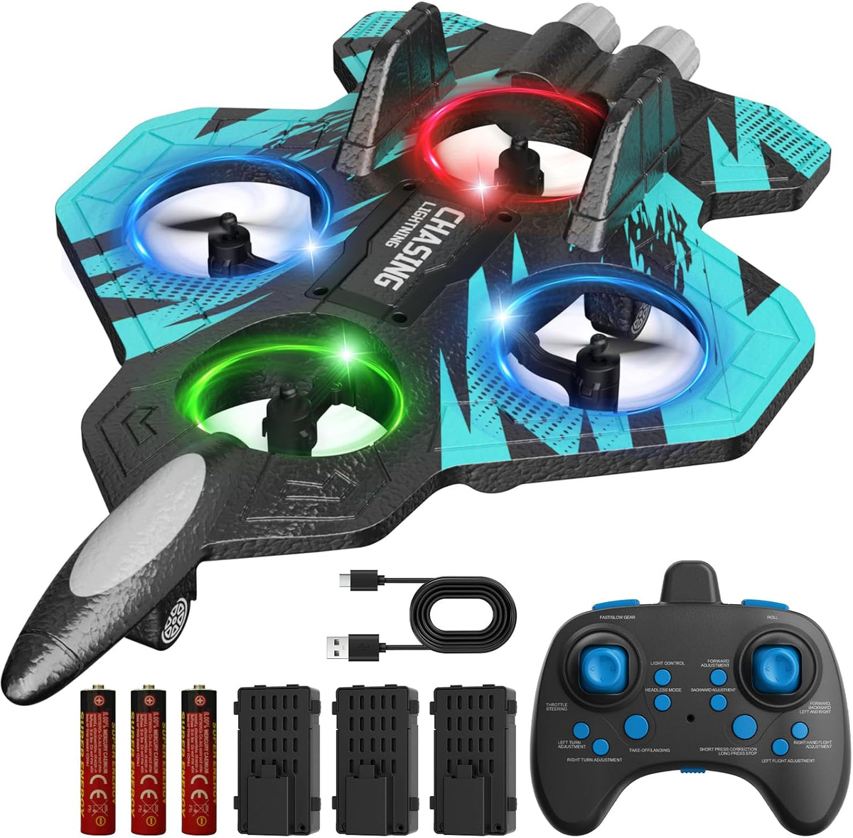 Foam RC Plane with 3 Drone Batteries and 3*AAA Batteries – Fun for Kids & Family - Black Blue
