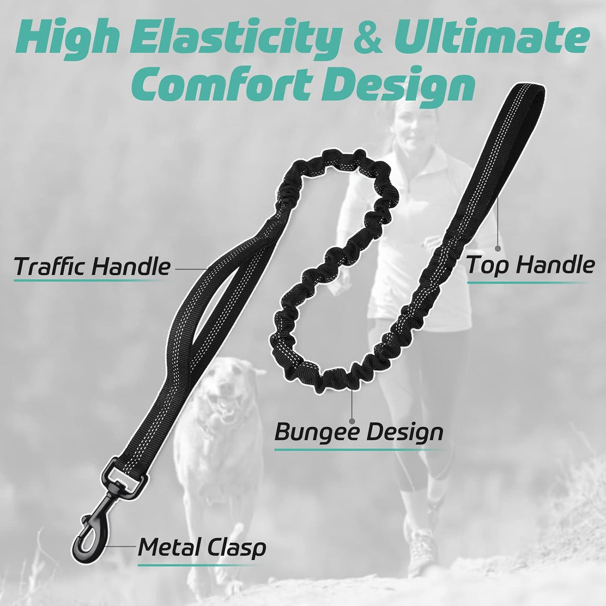 rabbitgoo Tactical Dog Leash, Heavy Duty Training Bungee Lead – Essentials for Dogs - Black / Max: 6ft - image 4