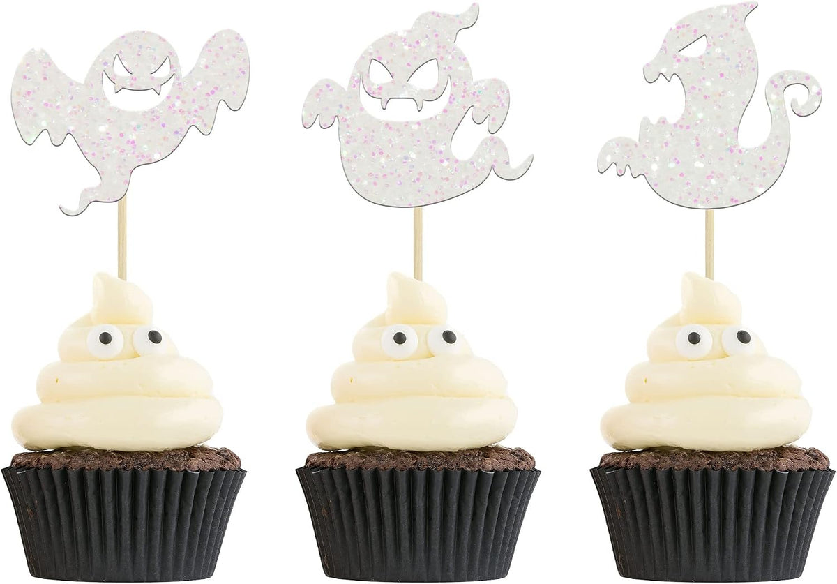 Ephlyn 24 white glitter ghost cupcake toppers for Halloween desserts - view 5