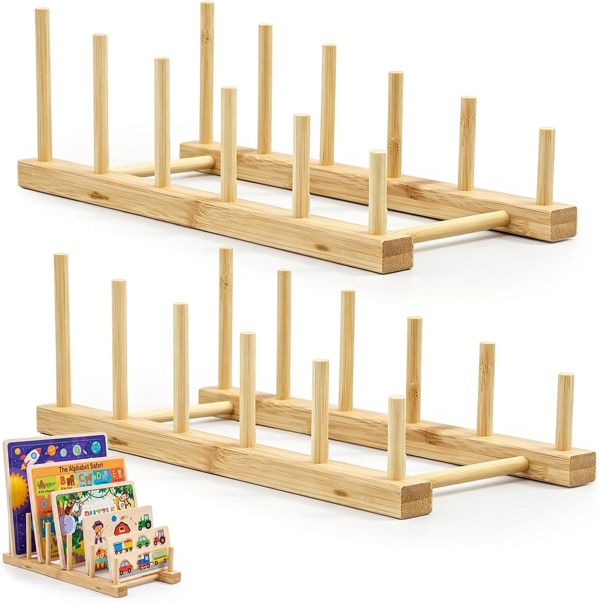 Barydat 2 piece natural wood puzzle rack organizer holding jigsaw puzzle boxes upright