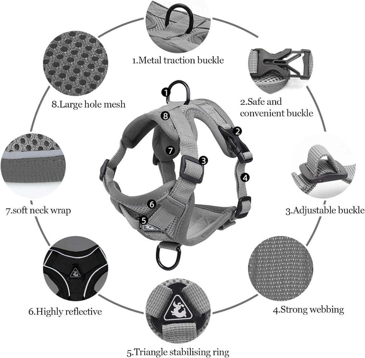 Wanheart cat Chest Harness and Leash - grey / XL:16.5-22.04lb - image 2