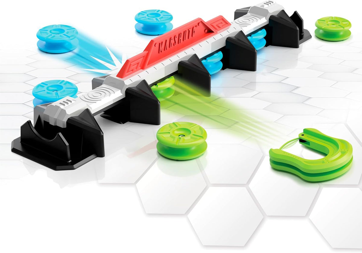 Fat Brain Toys Magshuto Knockout Rail magnetic game with green and blue launchers
