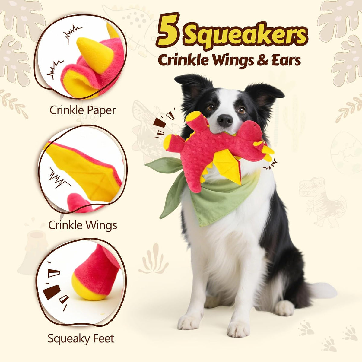 Squeaky Dog Toy, Plush Dragon with 5 Squeakers and Crinkle Wings - Pink & Purple - image 2