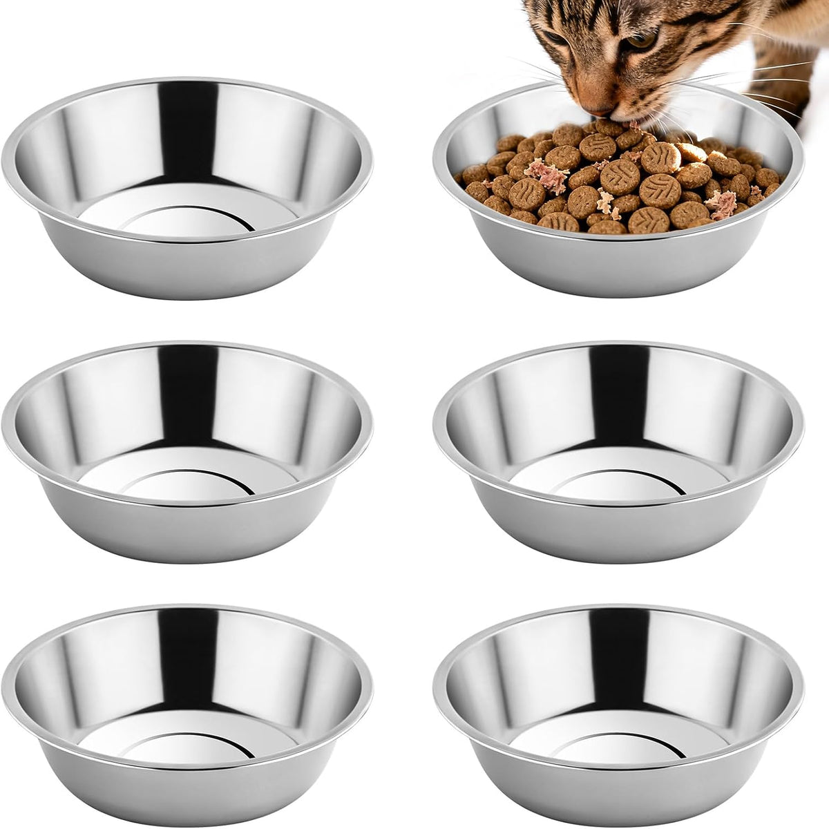 Tifanso 6PCS 5.6" Stainless Steel Whisker Friendly Cat Food & Water