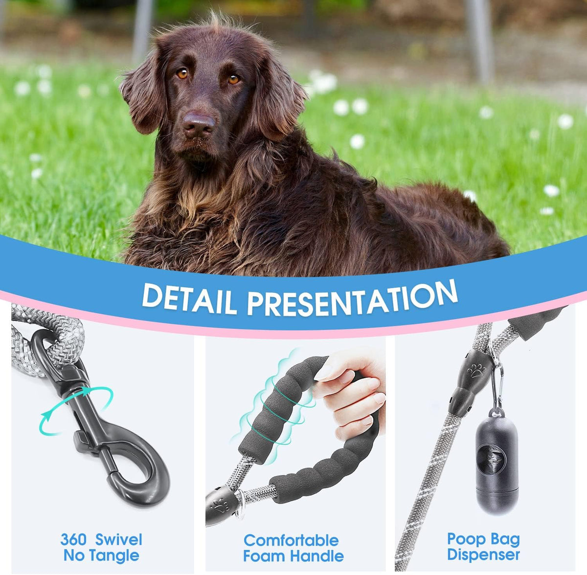 2/4/5/6 FT Dog Leash with Comfortable Padded Handle and Highly - 1/2'' x 6 FT / Grey - image 3