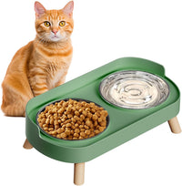 Elevated Cat Bowl, Raised Cat Food and Water Bowl Set for Indoor Cats, Splash Proof with 2 - Cat Bowls-Green