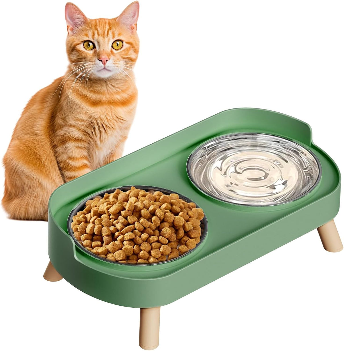 Elevated Cat Bowl, Raised Cat Food and Water Bowl Set for Indoor Cats, Splash Proof with 2 - Cat Bowls-Green