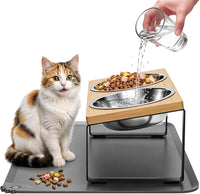 Elevated Tilted Cat Food Bowls with Mat - Natural