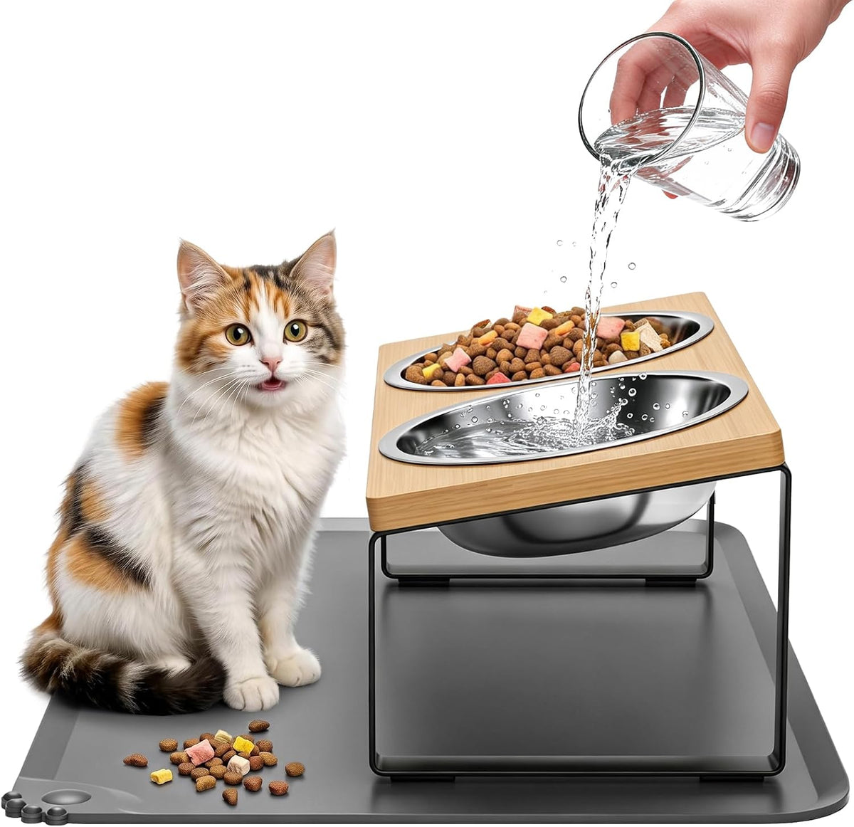 Elevated Tilted Cat Food Bowls with Mat - Natural