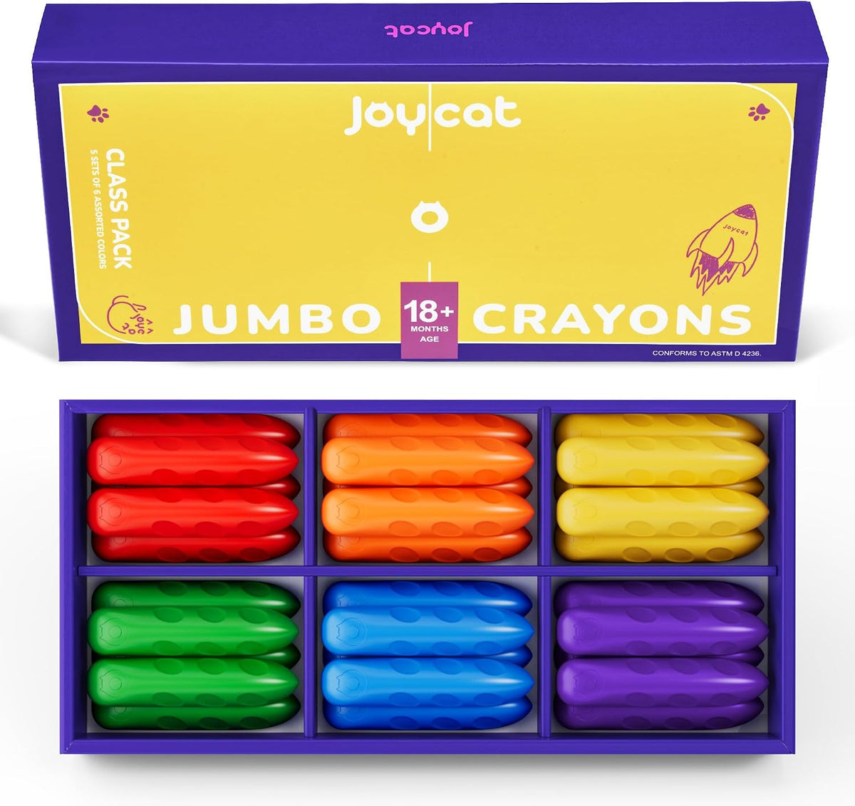 JoyCat 30 count jumbo triangle crayons for toddlers in 6 colors
