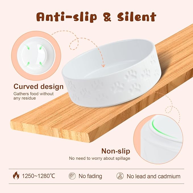 SPUNKYJUNKY Ceramic Elevated Dog Bowl Set with Acacia Wood Stand for Food and Water for Large Dogs (60.87 OZ, White, Dog Paw Pattern)