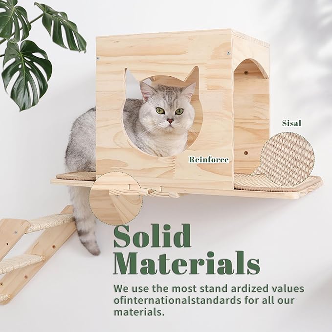 KVIDA Cat Wall Shelves Set – 5PCS Extra-Large Wall Mounted Cat Furniture with 2 Platforms, Sisal Scratching Post & Cat House – Solid Wood Climbing Wall for Large Indoor Cats