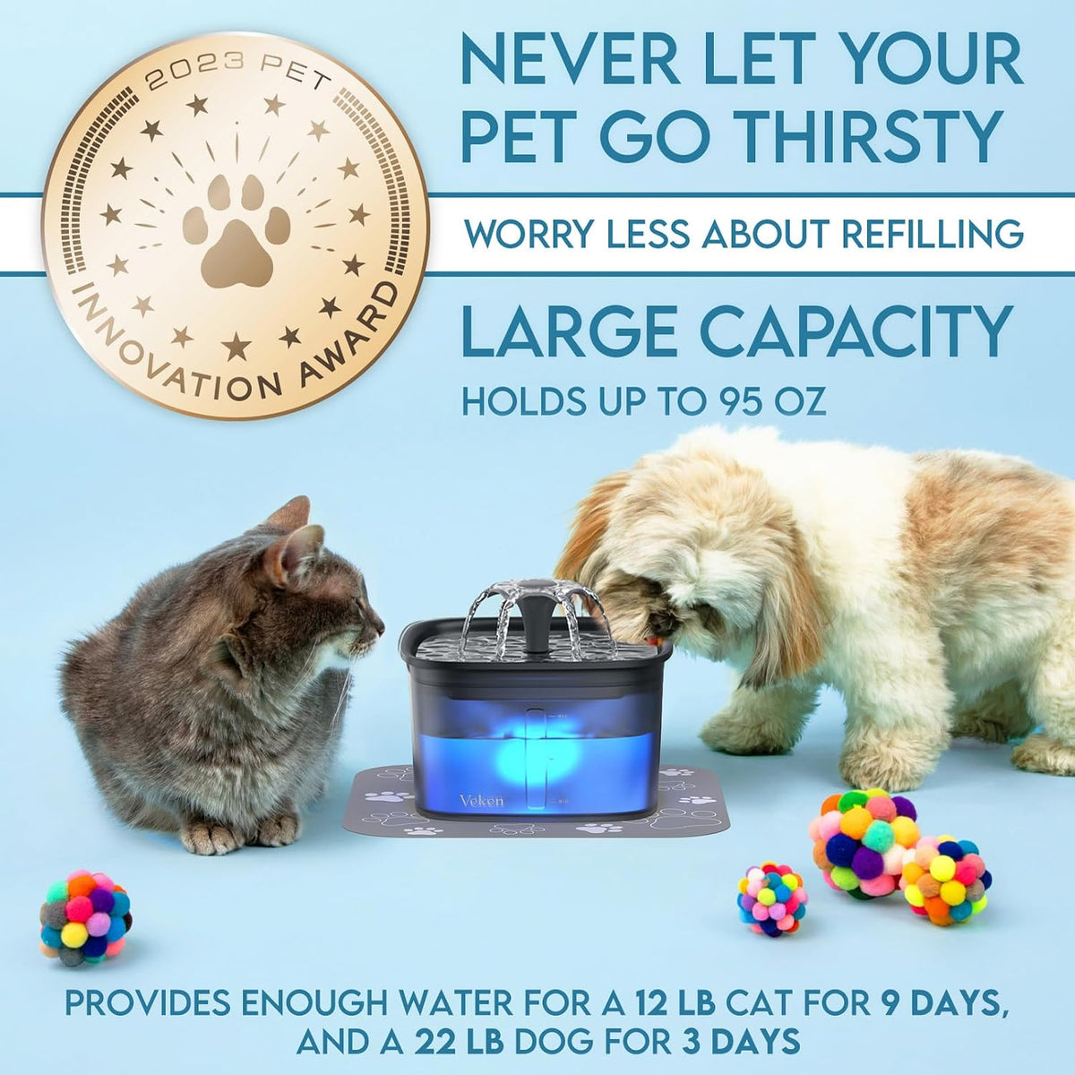 Veken Innovation Award Winner 95oz/2.8L Cat Water Fountain - Space Black / 2 Filters+2 Sponges - image 3