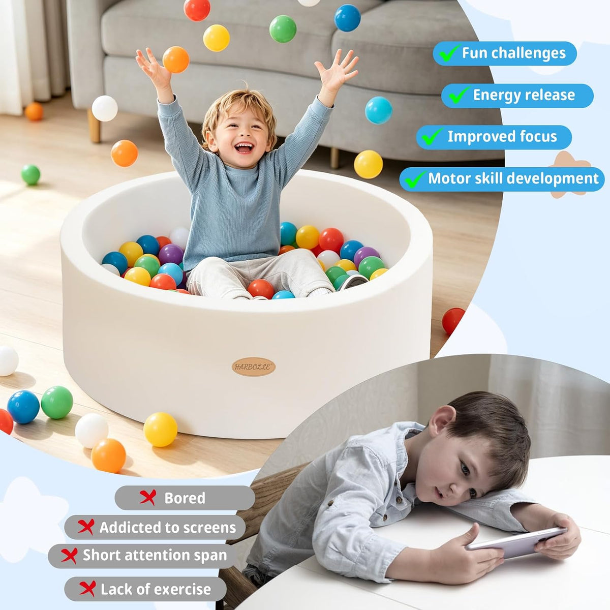 HARBOLLE Baby Foam Ball Pit 35.4" for Toddlers - White / 35.4"(roomy) (Pack of 2)