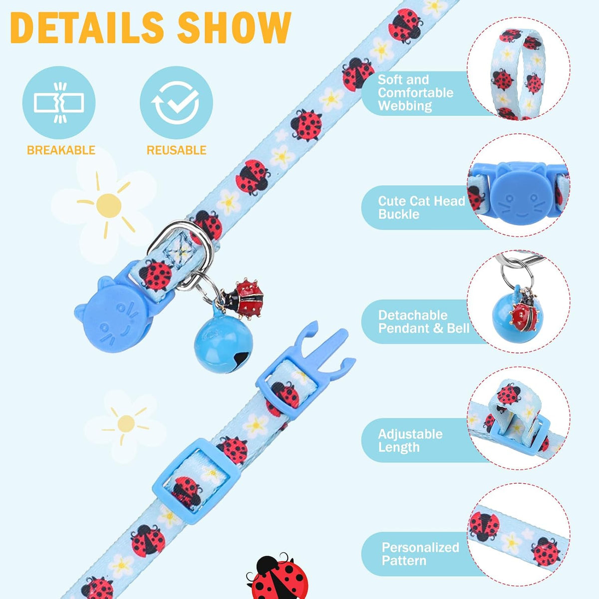 Breakaway Cat Collars with Bell - Sunflower& Ladybug& Butterfly - image 2