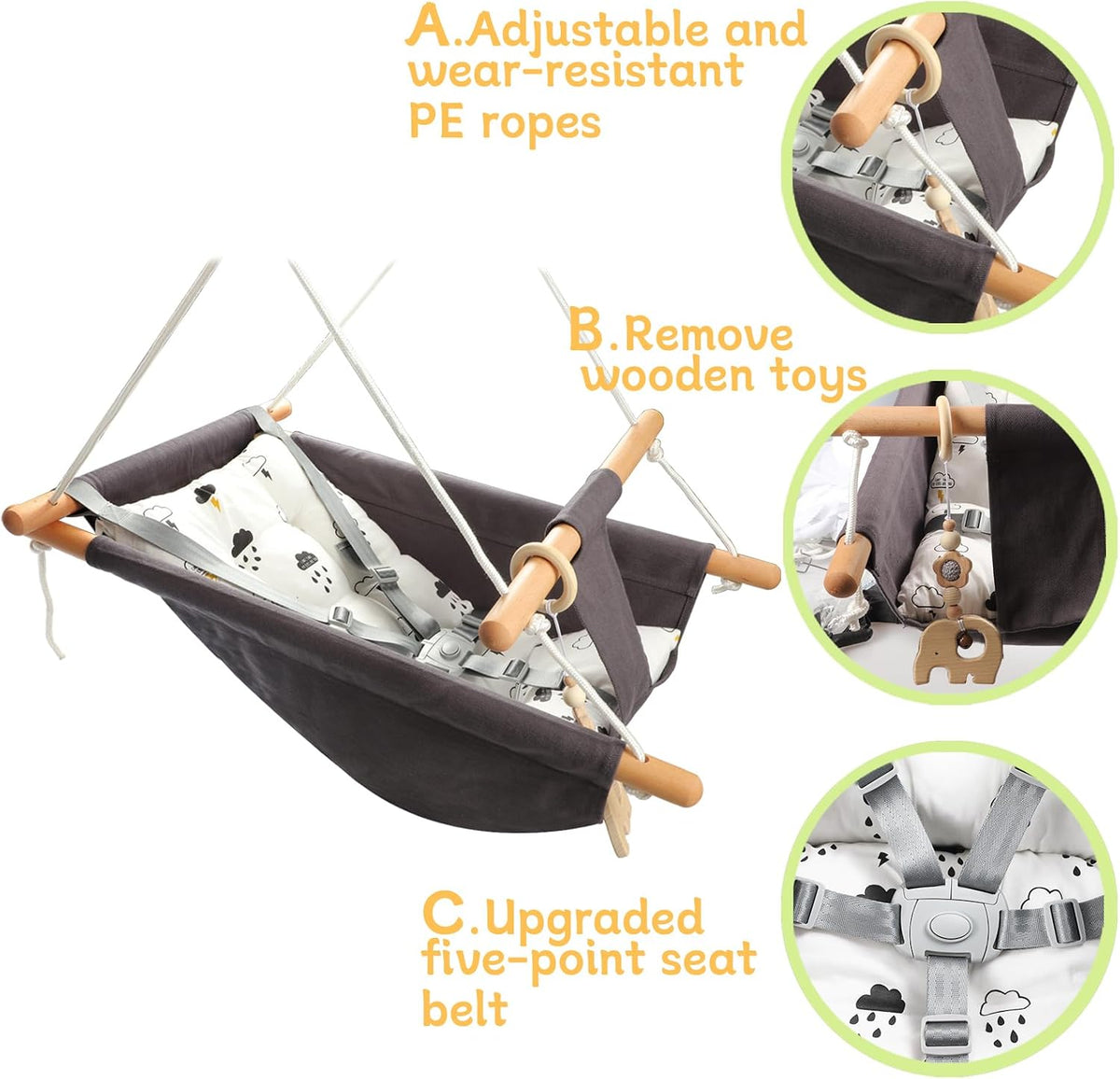 Tislly indoor outdoor baby swing in grey cotton with beech wood frame and 5-point belt - view 12