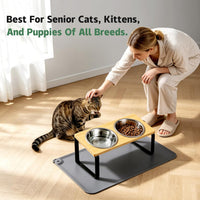 Elevated Tilted Cat Food Bowls with Mat - Natural-vine - image 3