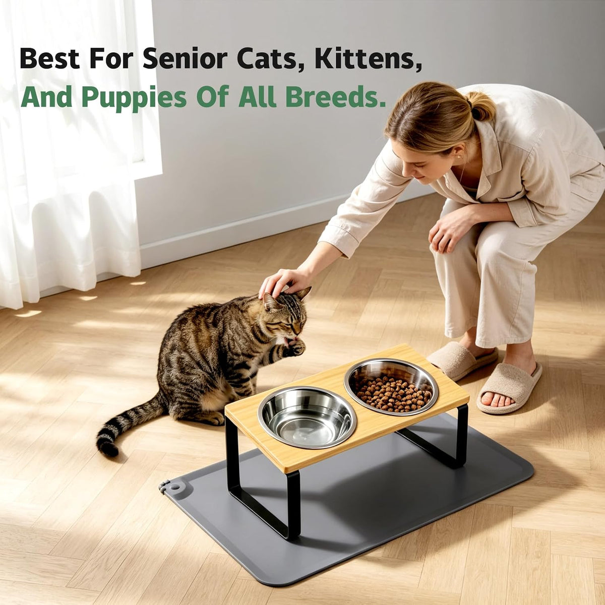 Elevated Tilted Cat Food Bowls with Mat - Natural-vine - image 3