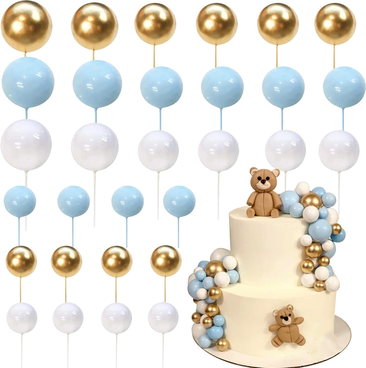 ZHUOWEISM ball cake toppers, 24 mini balloon picks in blue, gold and white - view 8