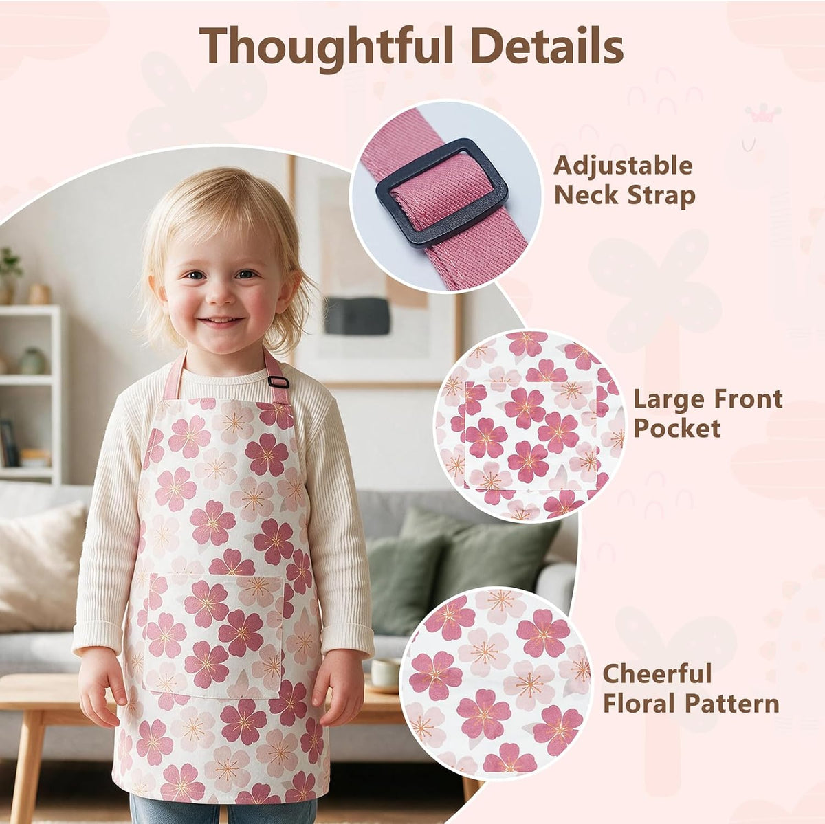 Kids Apron for Boys and Girls Aged 3-6 100% Cotton Blue WQHM – Fun for Kids & Family - Pink 1-pack Apron - image 4