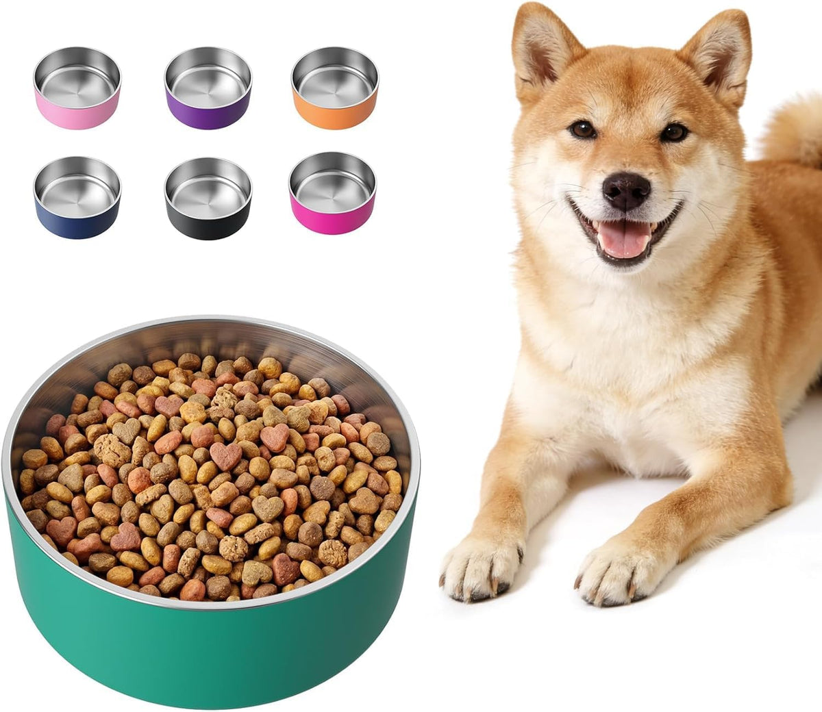 Dog Bowl, Stainless Stee Dog Water Bowl and Food Bowl - 64oz / Deep Green