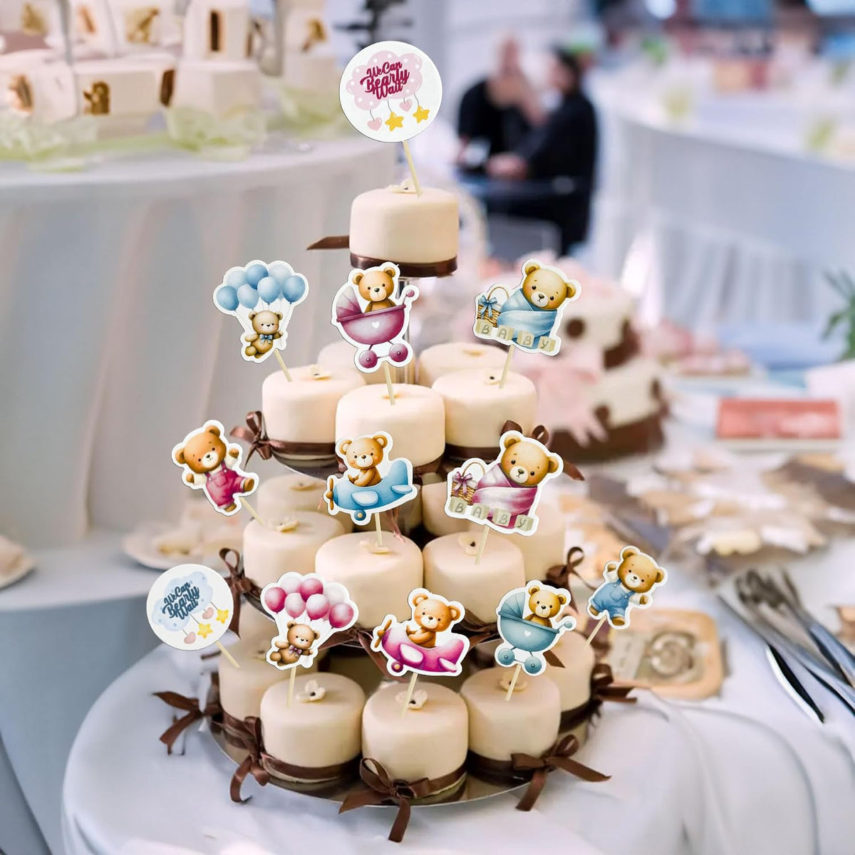 Gyufise 36Pcs Baby Shower Bear Cupcake Toppers Moon Baby Bear Baby - Blue Pink Coffee - image 4