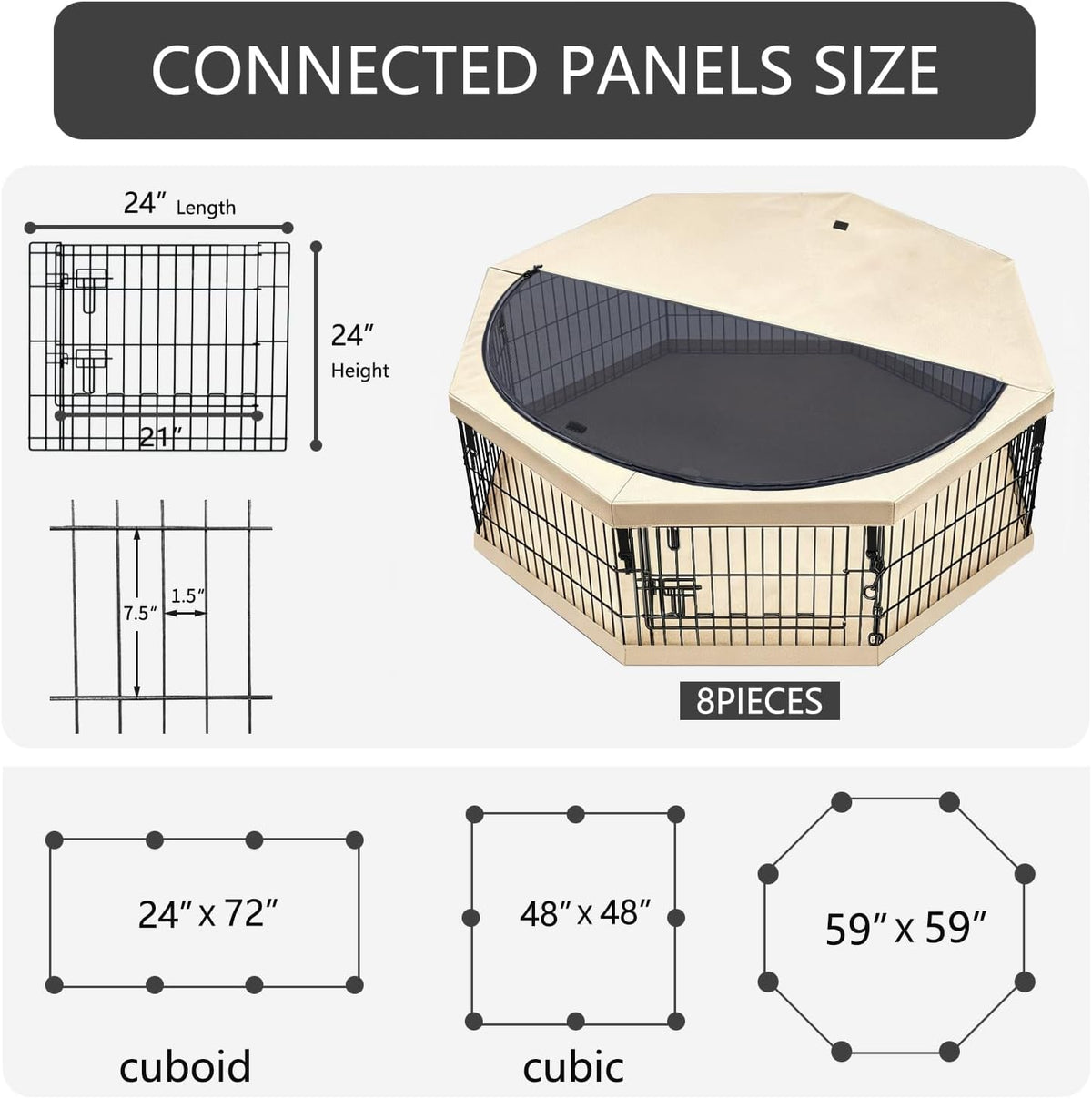 Foldable Metal Dog Exercise Pen/Pet Puppy Playpen Kennels Yard Fence - Tan / 24''H / Playpen+Bottom+Top Cover - image 3