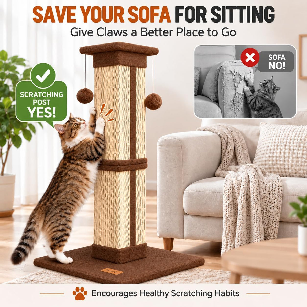 Cat Scratching Post 33 Inch for Indoor Cats - Brown - image 2