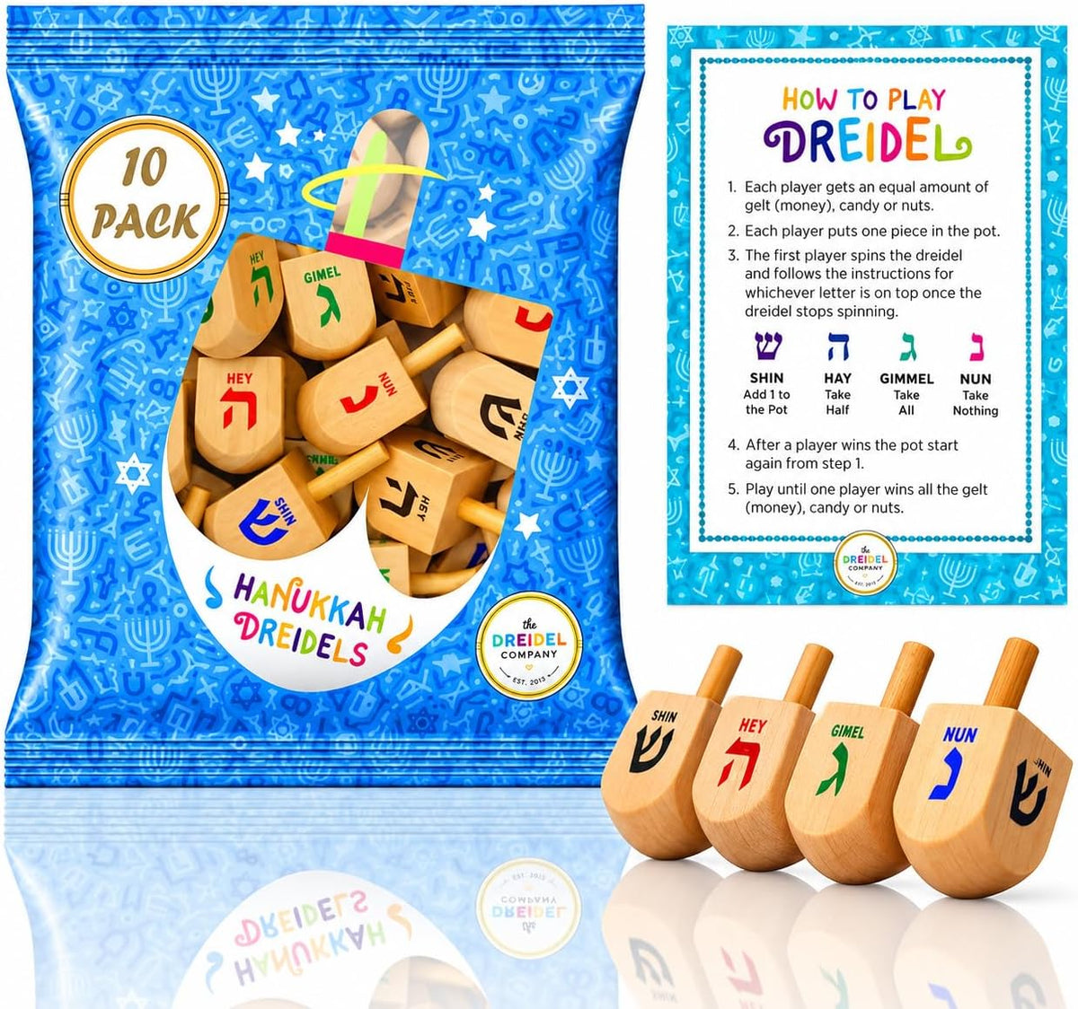 10-Pack Natural Wood Dreidels Hanukkah Draydel with English - 10-Pack