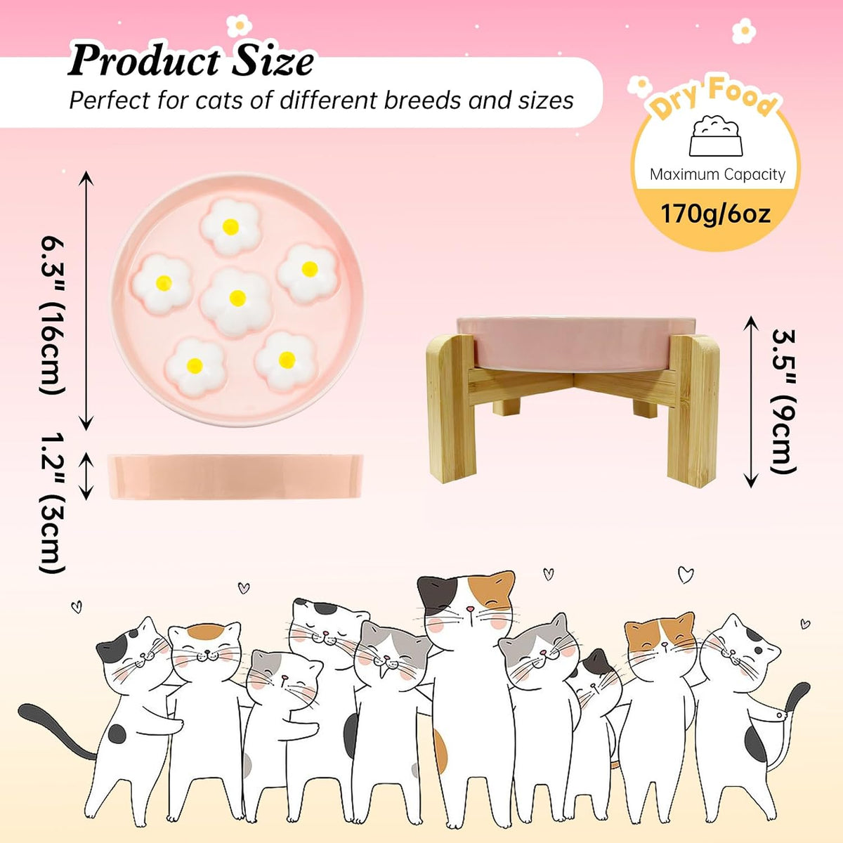 Ceramic Slow Feeder Cat Bowl, 6.3" Whisker Friendly Anti-Vomit - White + Stand - image 2