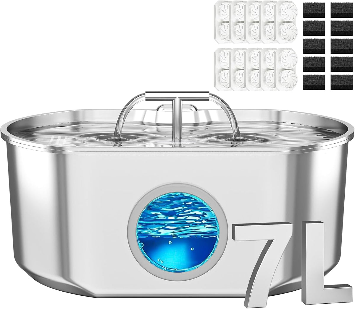 Cat Water Fountain Stainless Steel - 236oz Fountain+10 Filters +10 Sponges