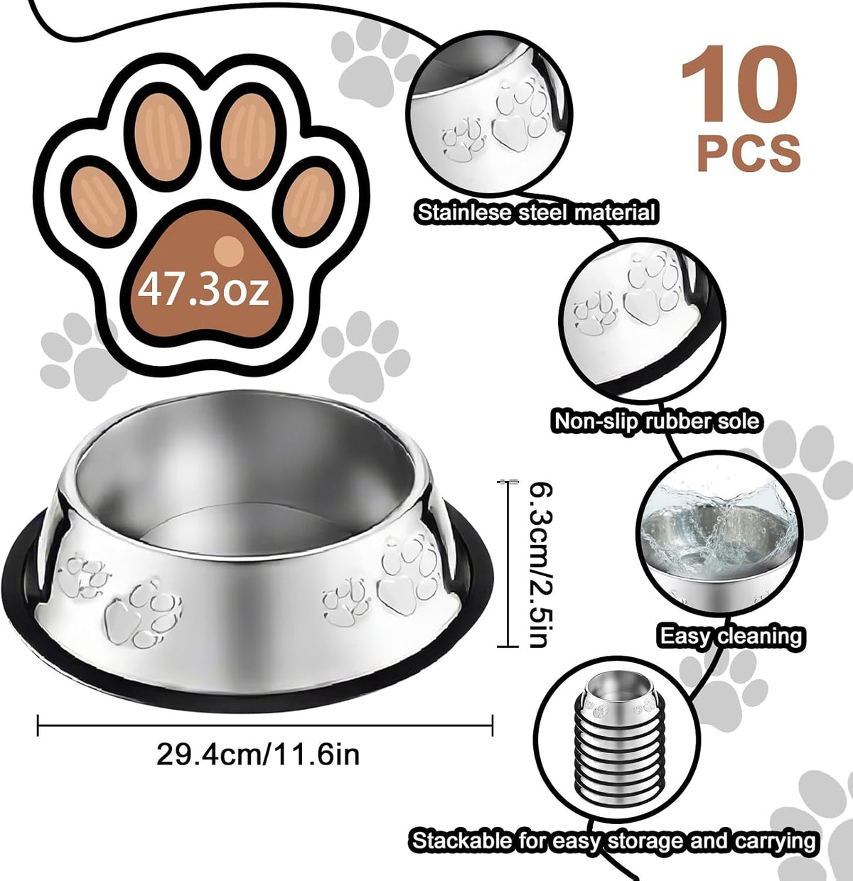 10 Pcs Stainless Steel Dog Bowl Pet Feeding Bowl with Rubber Base - 47.3 oz - image 2