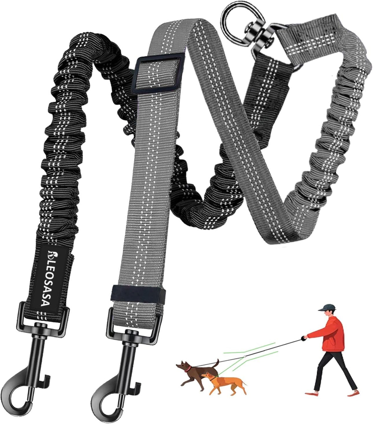 Double Dog Leash, 360°Swivel Tangle Free Splitter Attachment - Grey / Splitter