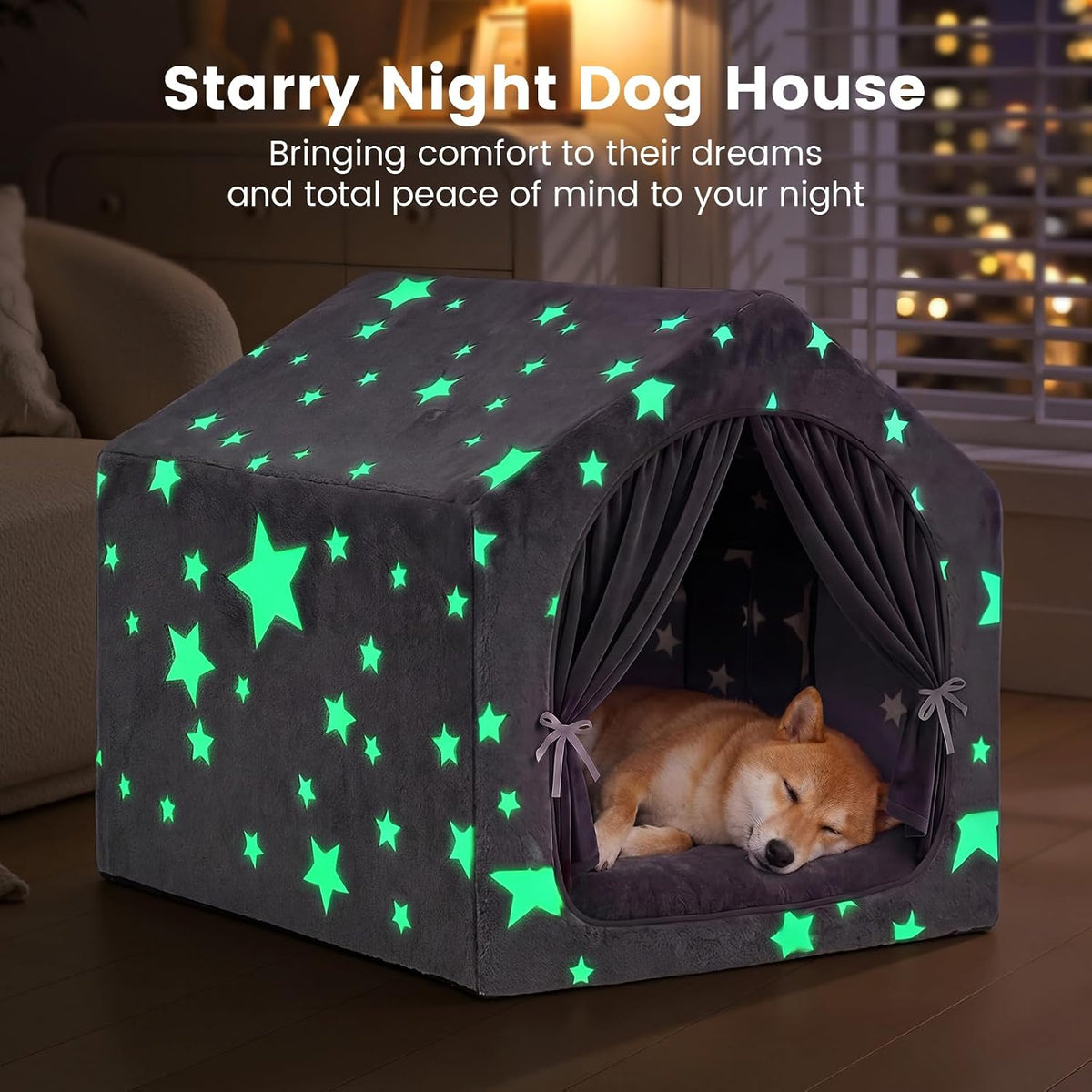 Indoor Dog House with Frame, Cute Dog Tent Bed with Cover Cave - Large ( 25" × 25" × 25" ) / Gray with flannel - image 3