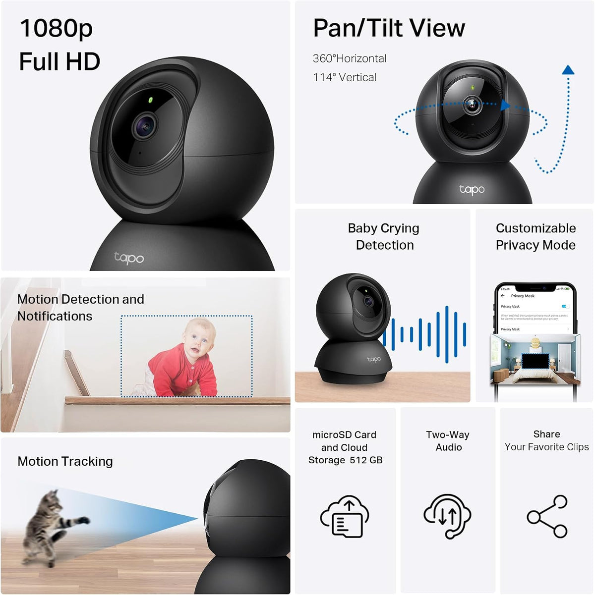 Tapo 1080p Pan/Tilt Security Camera for Baby Monitor, Pet Camera - Black / Indoor Only - image 2
