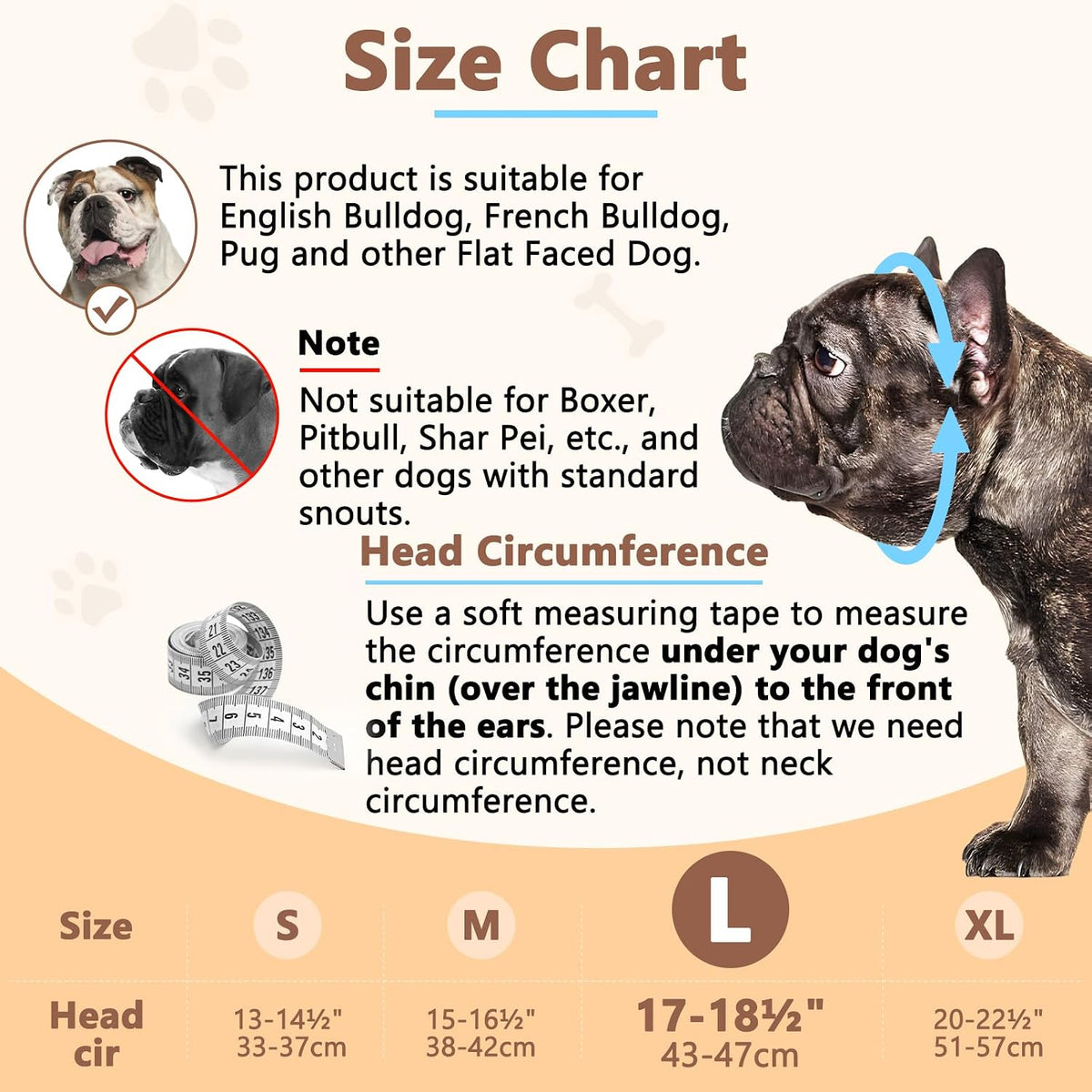 English Bulldog Muzzle, Soft Short Snout Dog Muzzle Stops Biting – Essentials for Dogs - Khaki / L（Head 17-18½"） - image 2