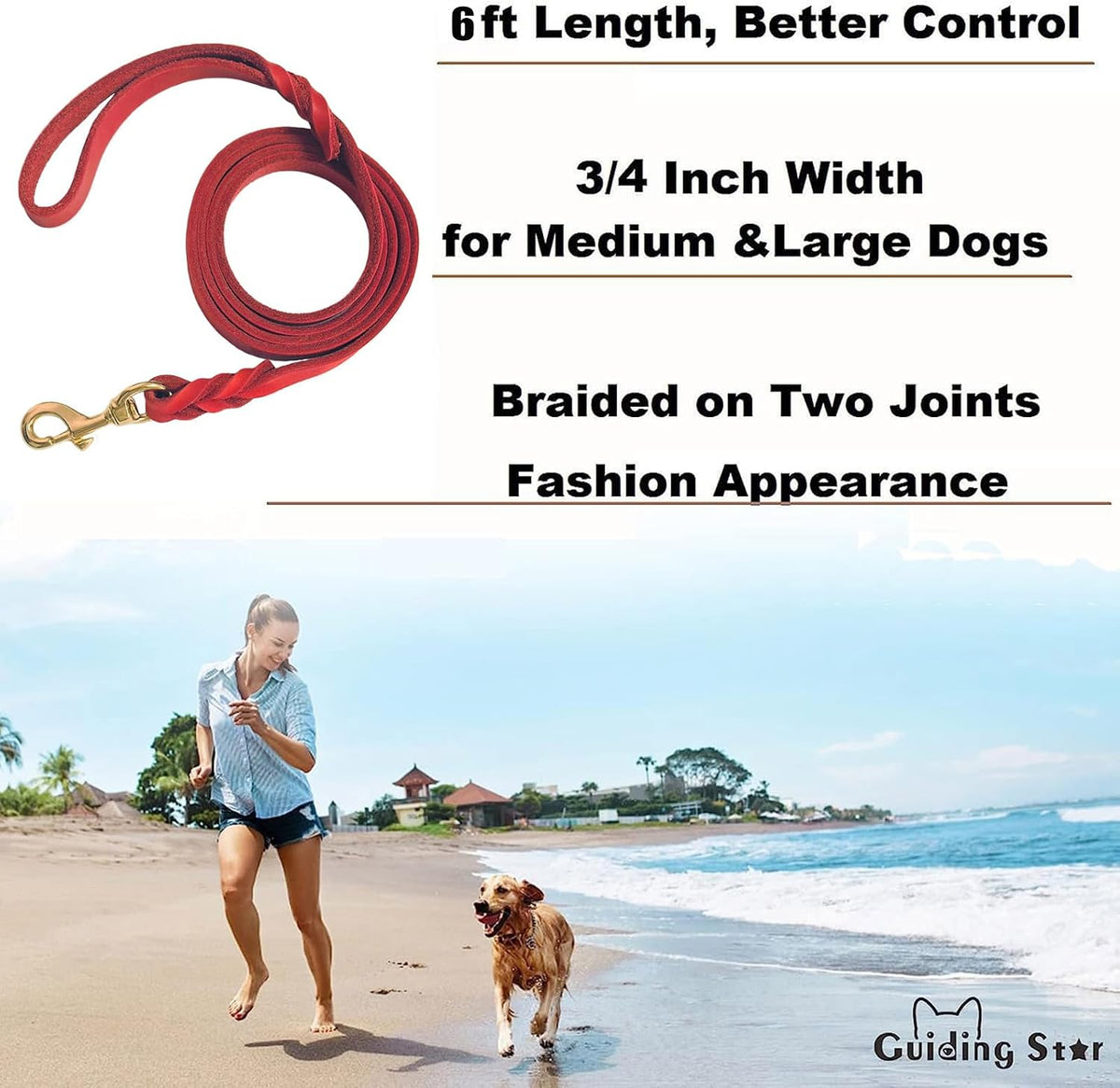 Guiding Star Leather Dog Leash 6ft x 3/4 inch Heavy Duty Training - Red / 6ft x 3/4 inch - image 2