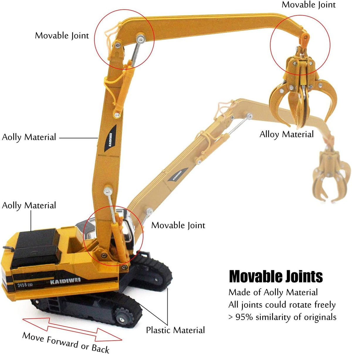 Tipmant 1:87 scale yellow die-cast alloy excavator toy truck with rotating arm - view 5