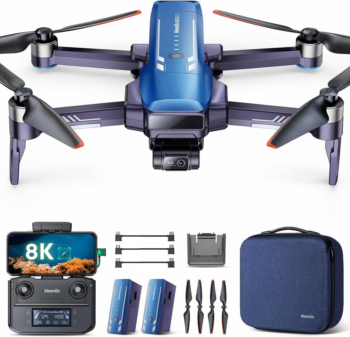 V11PRO Drone with 8K Camera for Adults, 3-Axis Gimbal & EIS - Blue