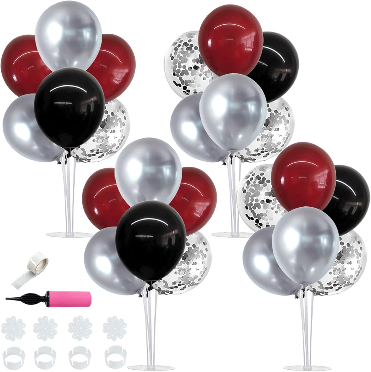 TONIFUL 4 Set Black Gold Balloon Stand Balloon Centerpieces for Table – Fun for Kids & Family - Wine Red Black Silver / 4 Set Balloon Stand