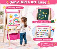 SWINSKUAD pink wooden art easel for kids with whiteboard, chalkboard, paper roll and storage basket - view 2