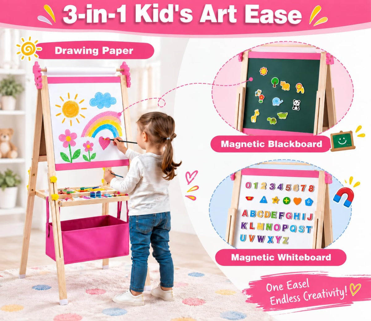 SWINSKUAD pink wooden art easel for kids with whiteboard, chalkboard, paper roll and storage basket - view 2
